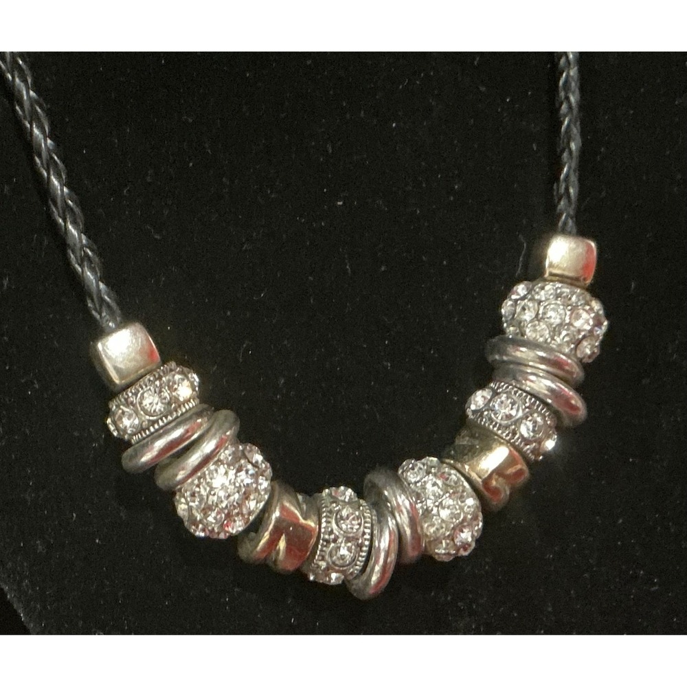 Braided Cord Necklace Rhinestone Charm Pendant Silver Tone Fashion Jewelry‎